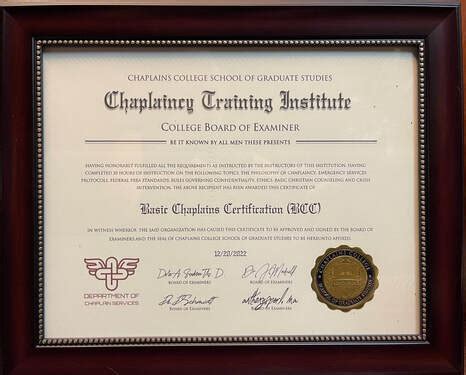 A certificate for a chaplain certification program